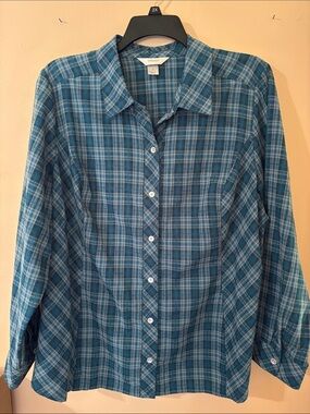CJ Banks Woman’s Teal Blue Plaid Button-Down Blouse